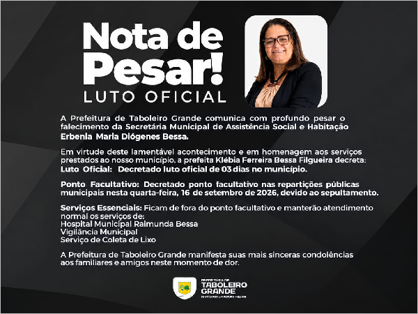 Nota de Pesar: Prefeitura decreta luto oficial pelo falecimento da secretária Erbenia Bessa